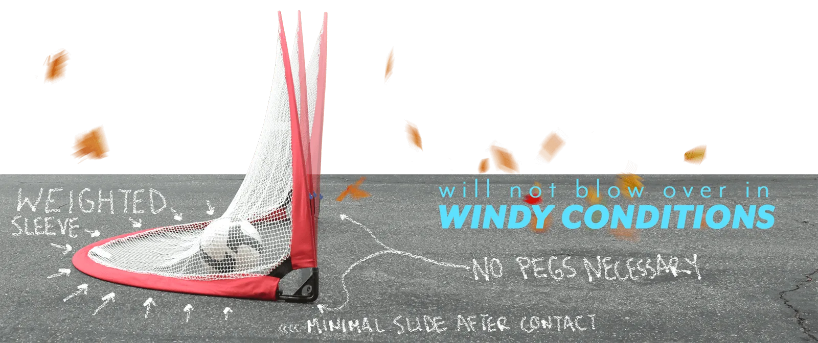 Ultra Q5 weighted goal staying upright in windy conditions — no pegs necessary, weighted sleeve